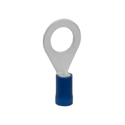 Ein Ringkabelschuh mit blauem Kunststoffisolator, geeignet für elektrische Verbindungen.