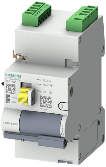 Ein grau-weißer elektrischer Schalter von Siemens mit grünen Anschlüssen oben, gelbem Hebel und Produktdetails aufgedruckt.