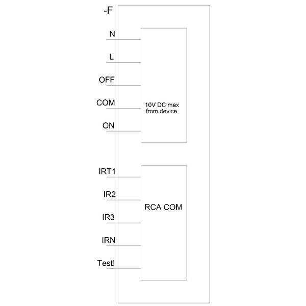 Schaltplan mit zwei rechteckigen Feldern: Oben Felder mit Etiketten -F, N, L, OFF, COM, ON, 10V DC max from device; unten Felder: IRT1, IR2, IR3, IRN, Test! und RCA COM.