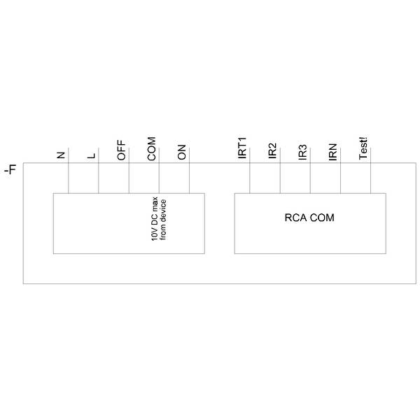 Ein Diagramm zeigt eine elektrische Schaltung mit Anschlüssen: 'N', 'L', 'OFF', 'COM', 'ON', 'IRT1', 'IR2', 'IR3', 'IRN' und 'Test'.