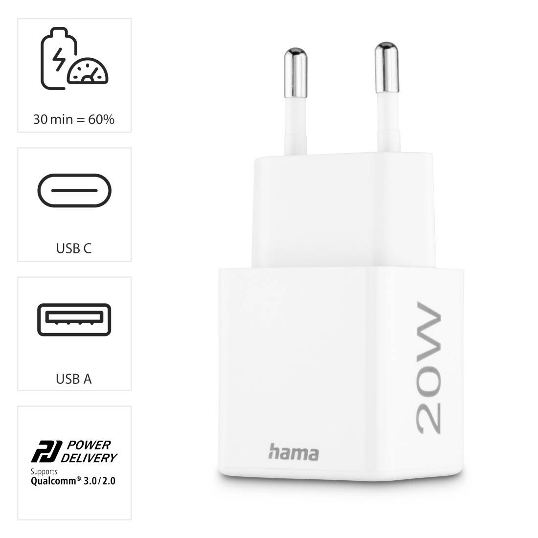 Weißes 20W-Ladegerät mit USB-C- und USB-A-Anschluss, unterstützt Power Delivery 3.0/2.0 und Qualcomm-Technologie. Ladezeit: 30 Min = 60%.