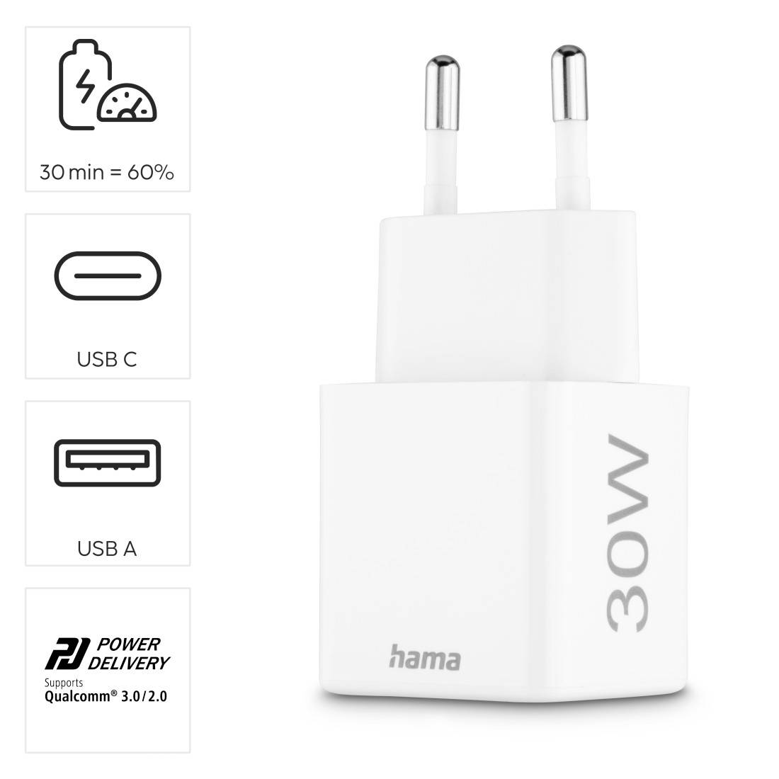 Hama 00201992 USB Ladegerät 30 W 1x USB-A, 1x USB-C® USB PD Weiß Innenbereich USB Power Delivery (