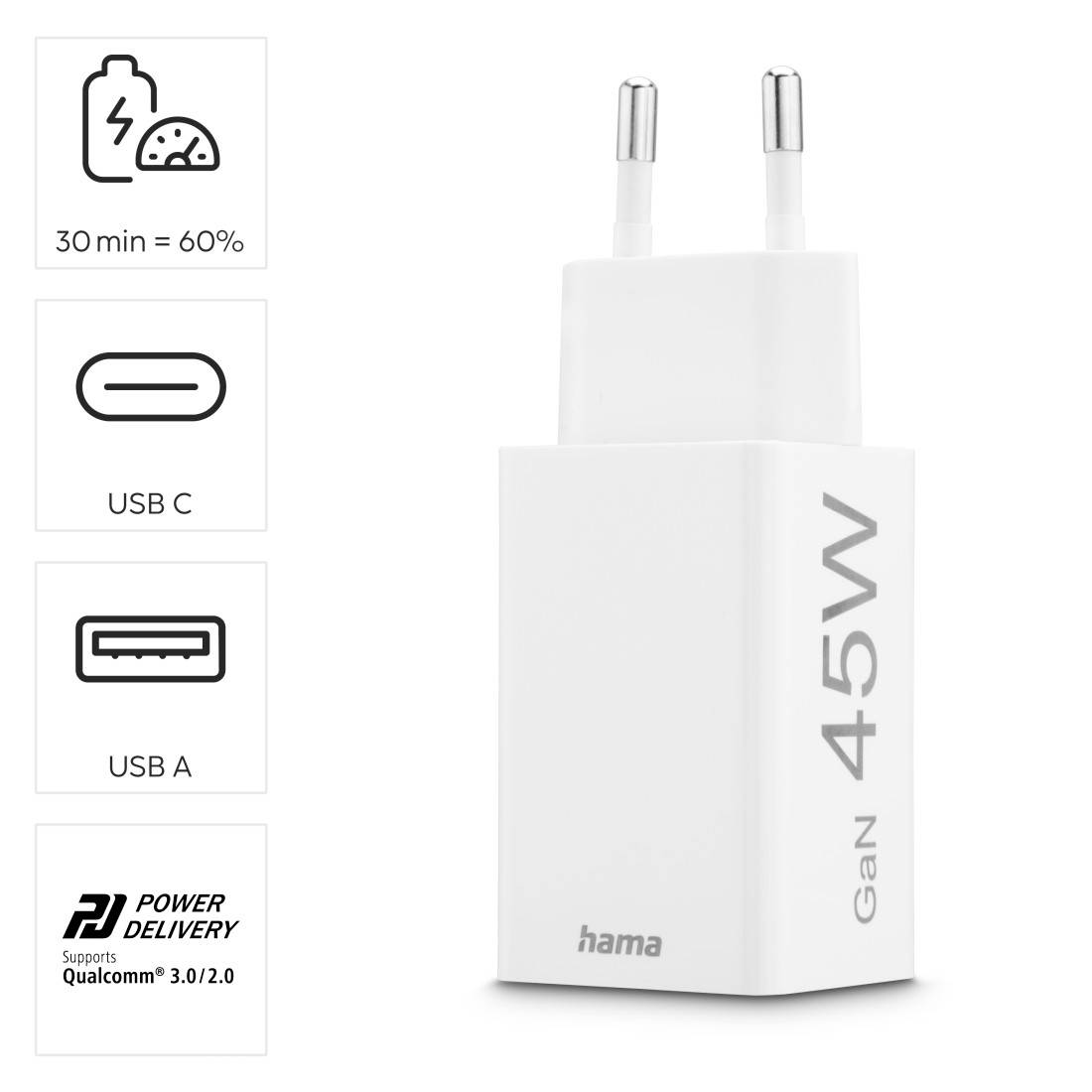 Ein USB-Stecker von Hama mit einer Leistung von 45W GaN; unterstützt USB-C, USB-A, Power Delivery, Qualcomm 3.0/2.0; 30 Min = 60% Ladung.