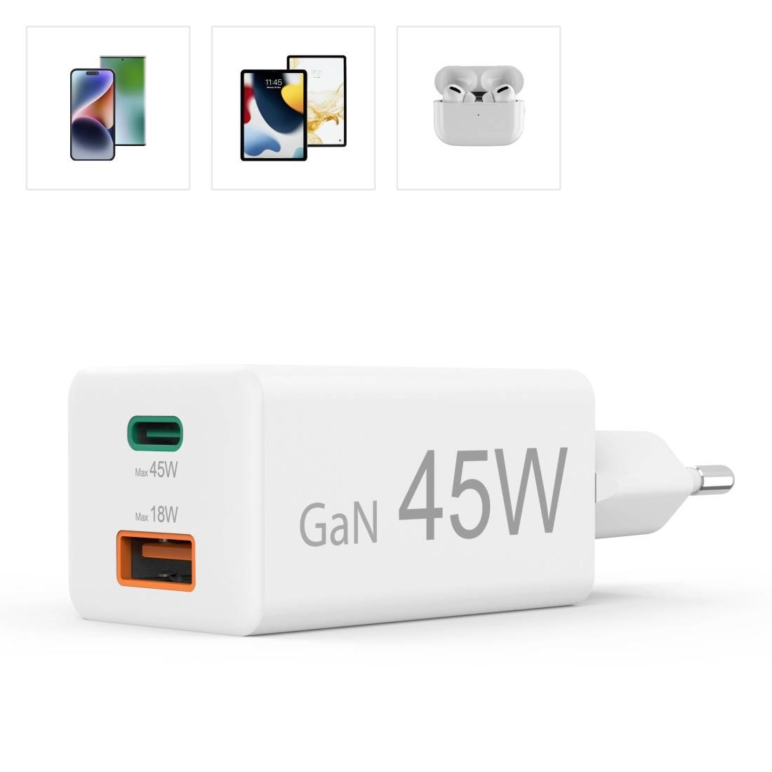 Hama 00201993 USB Ladegerät 45W 1x USB-A, 1x USB-C® USB PD Weiß Innenbereich USB Power Delivery (USB-PD)