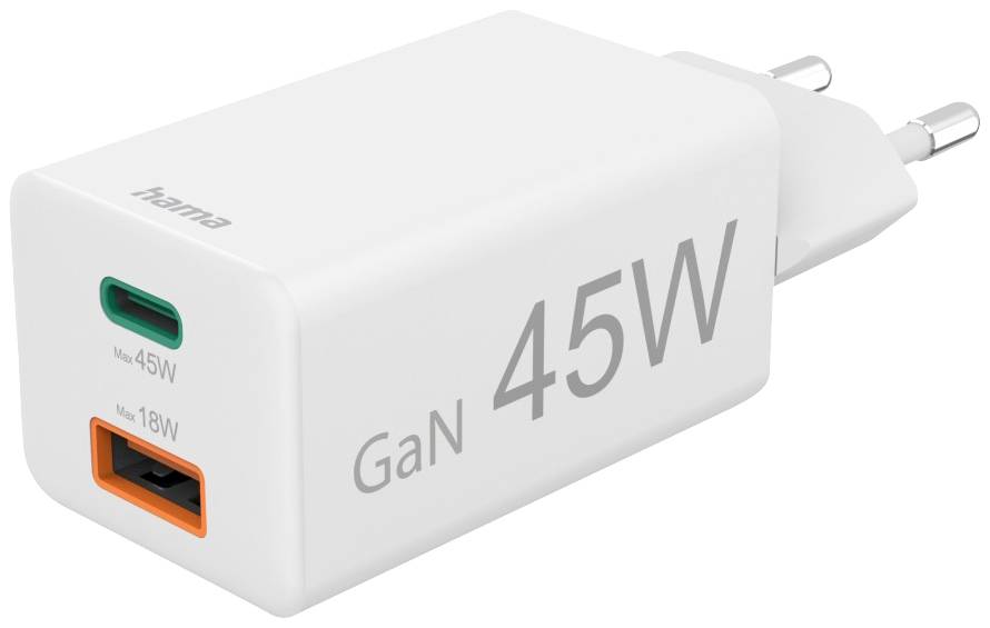 Ein weißes GaN-Ladegerät mit der Aufschrift '45W', zeigt einen USB-C- und einen USB-A-Anschluss mit Maximalleistungen von 45W und 18W.