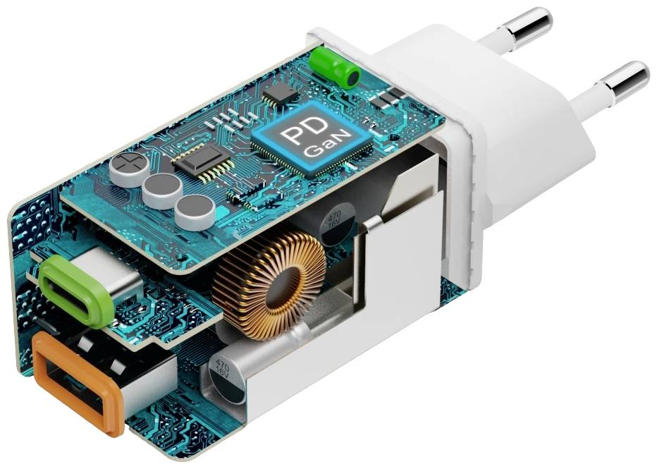 Offener USB-Ladegerätstecker mit sichtbarer Elektronik, darunter ein Kupferspulen-Element, zeigt moderne GaN-Technologie.