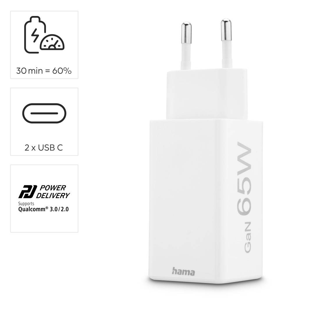 Hama 00201994 USB Ladegerät 65 W 2x USB-C® USB PD Weiß Innenbereich USB Power Delivery (USB-PD)