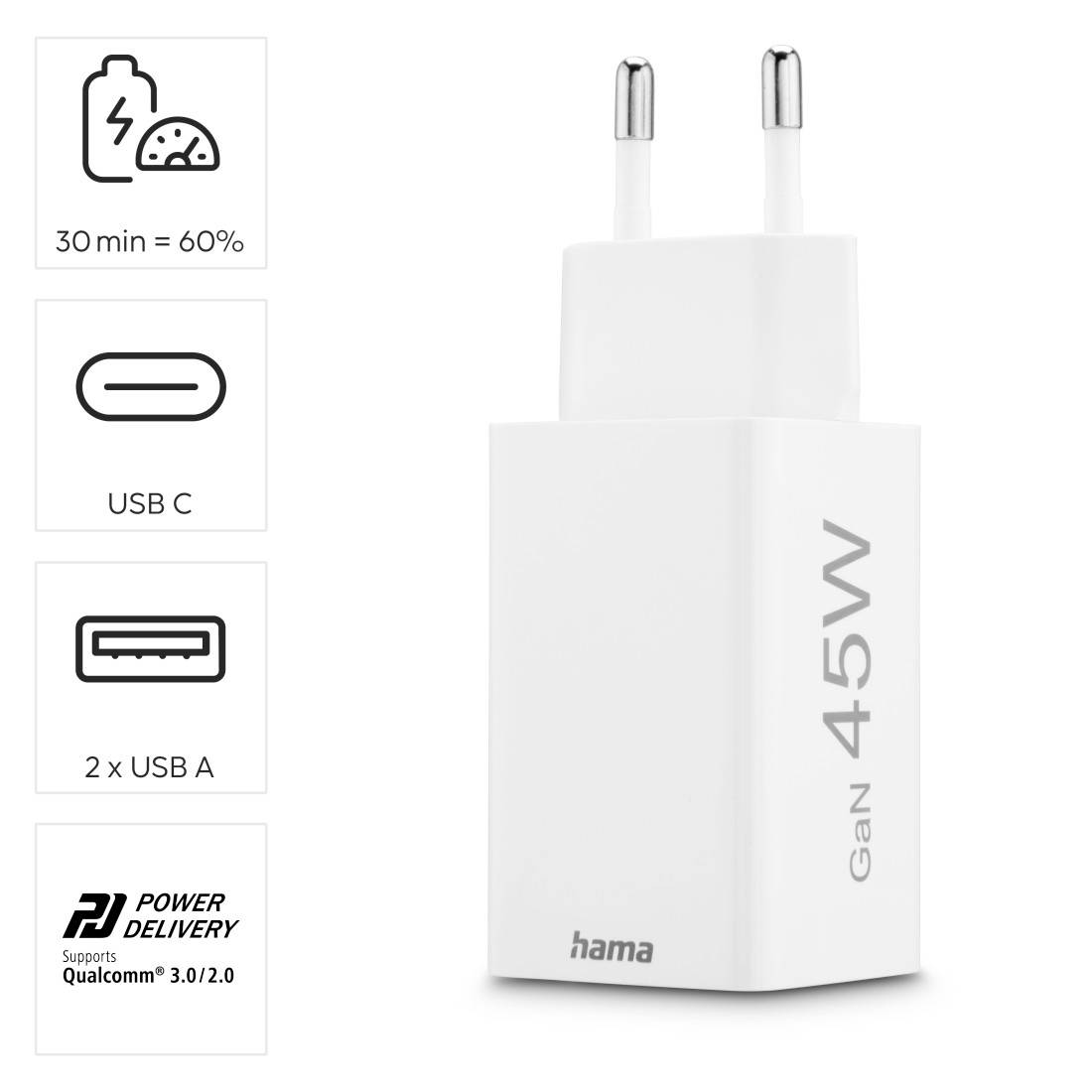 hama 00201995 Schnellladegerät, GaN, 1x USB-C, 2x USB-A, Mini-Ladegerät, PD, 45 W, Weiß