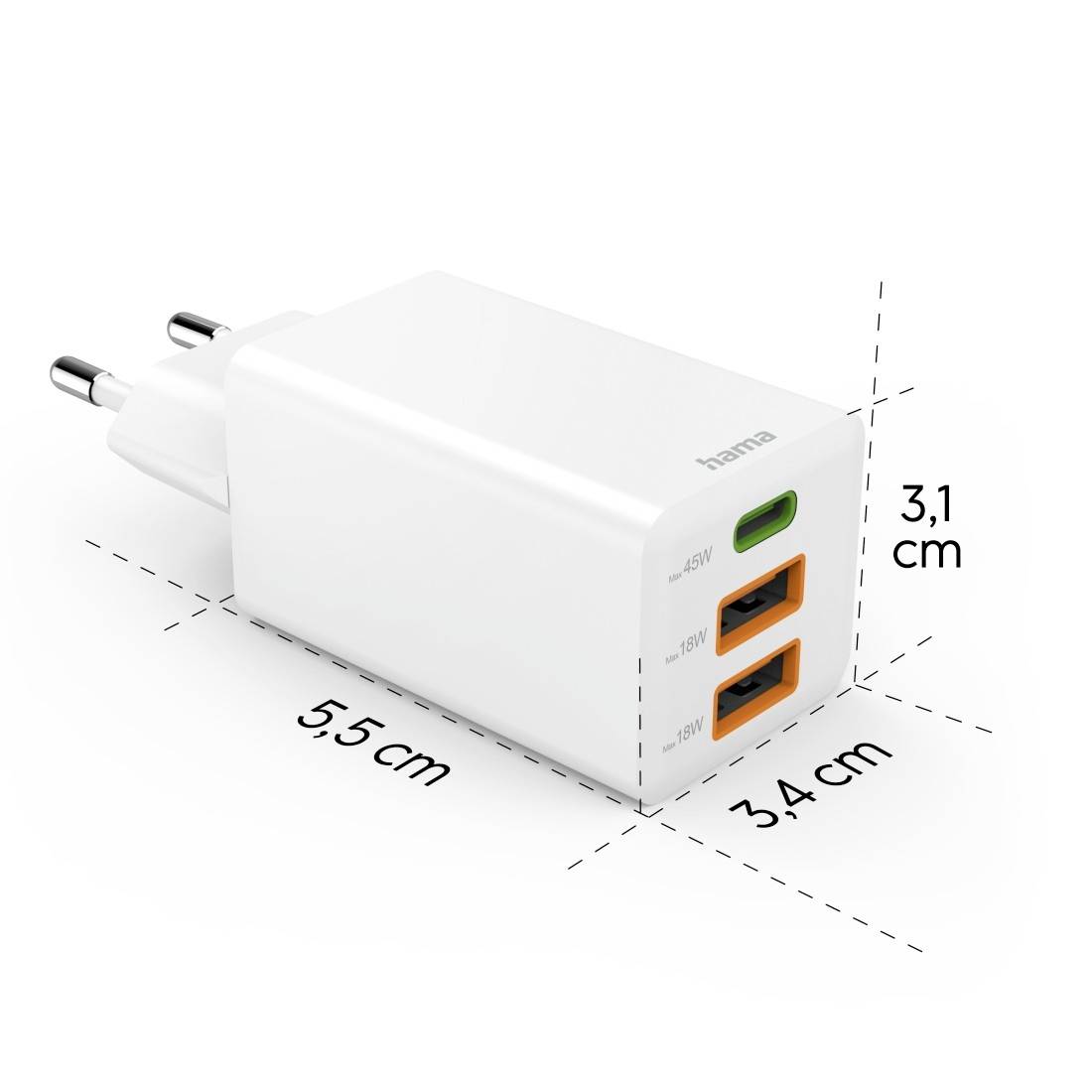 hama 00201995 Schnellladegerät, GaN, 1x USB-C, 2x USB-A, Mini-Ladegerät, PD, 45 W, Weiß