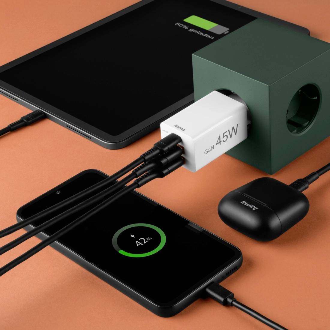 hama 00201995 Schnellladegerät, GaN, 1x USB-C, 2x USB-A, Mini-Ladegerät, PD, 45 W, Weiß