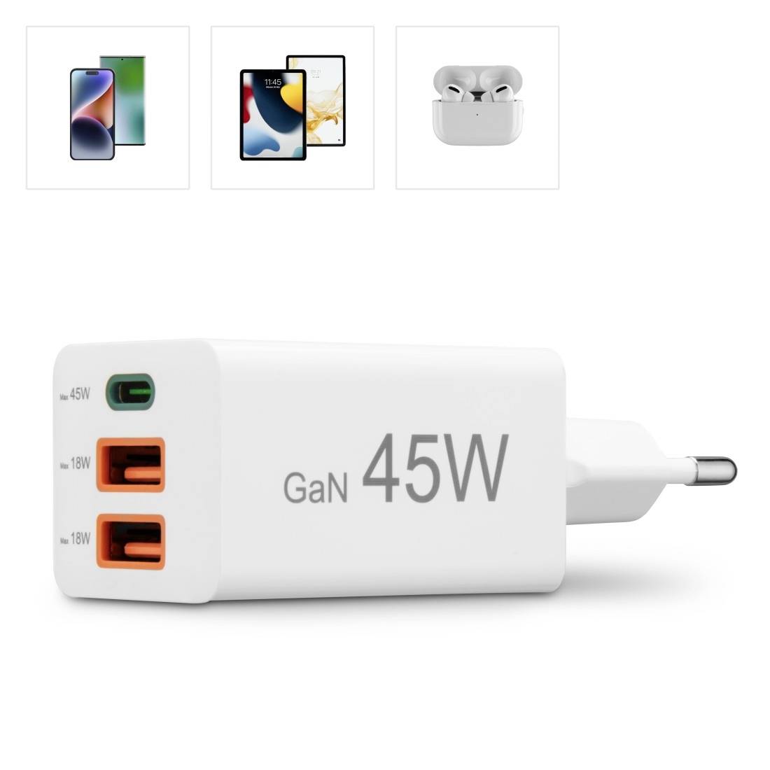 hama 00201995 Schnellladegerät, GaN, 1x USB-C, 2x USB-A, Mini-Ladegerät, PD, 45 W, Weiß