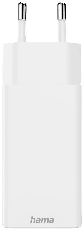 Weißes Hama USB-Ladegerät mit zwei Steckern, geeignet für europäische Steckdosen. Ideal zum Laden von Smartphones und Tablets.