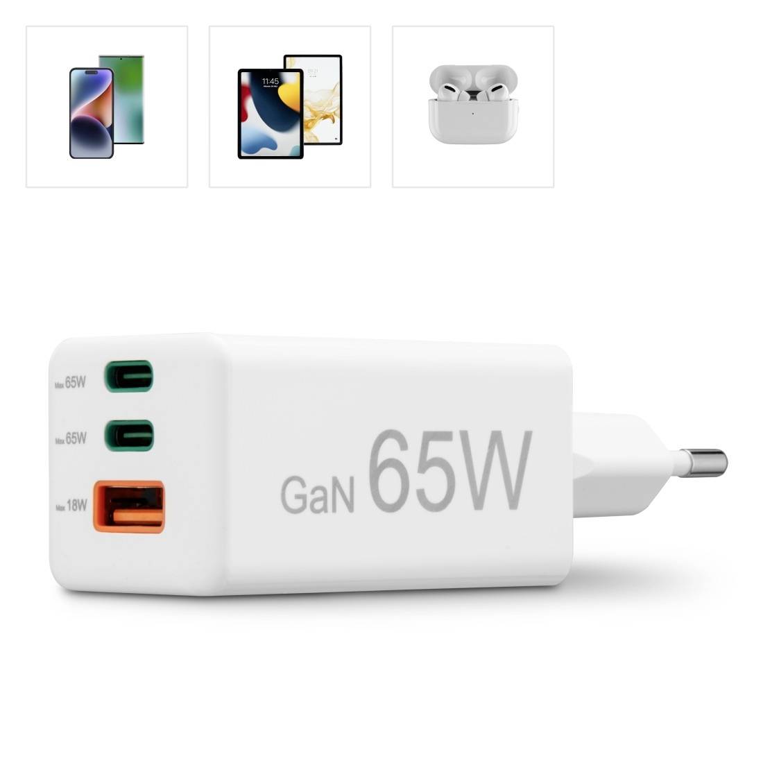 Weißes 65W GaN-Ladegerät mit drei Anschlüssen: zwei USB-C (65W, 66W) und ein USB-A (18W). Geeignet für Smartphones und Kopfhörer.