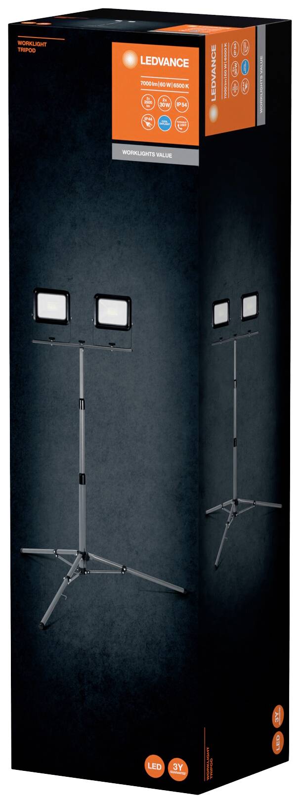 Verpackung von LED-Leuchte der Marke Ledvance, abgebildet mit zwei Strahlern auf Stativ. Logos für LED, IP65, 23W, 2200 lm sichtbar.