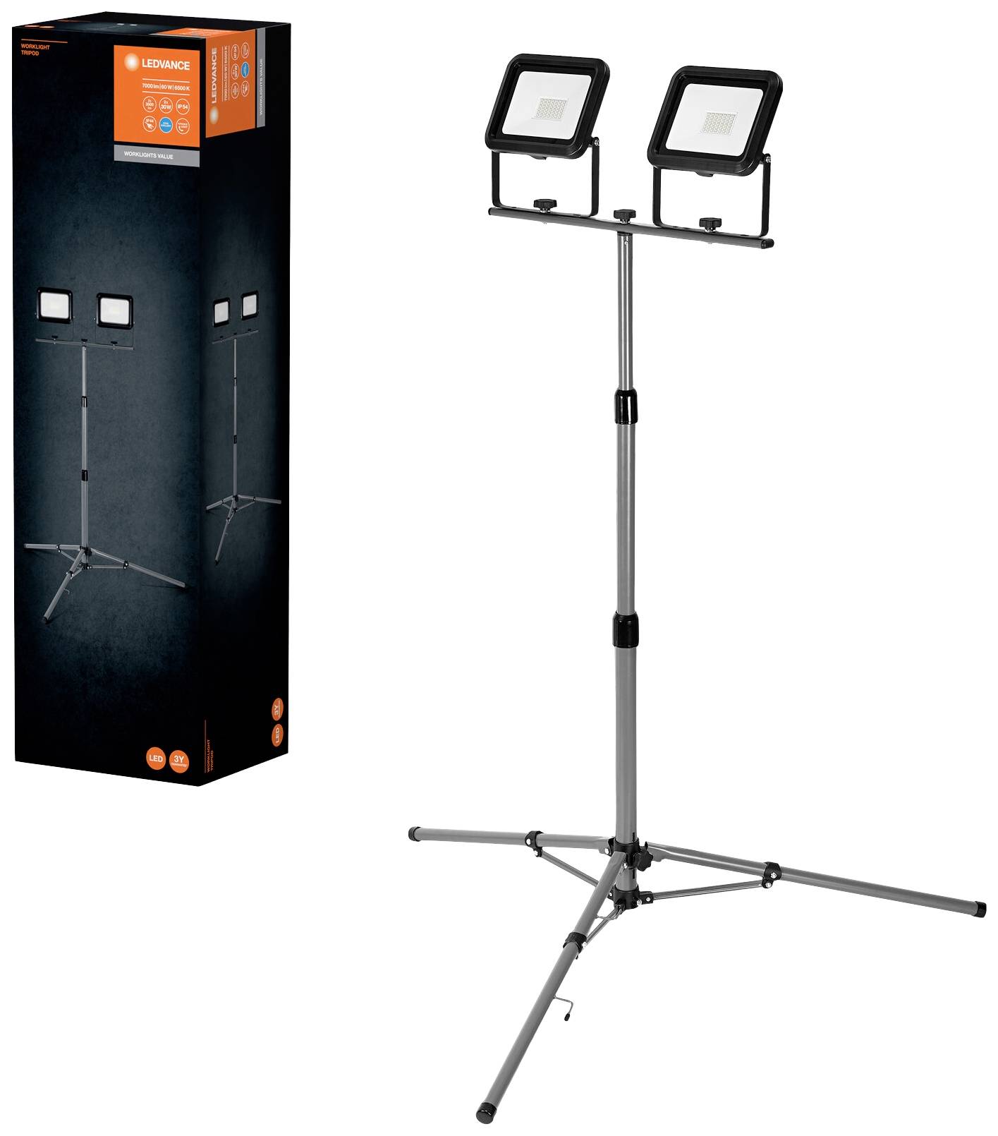 Ein LED-Strahler auf einem höhenverstellbaren Stativ neben seiner Verpackung. Ideal für Baustellenbeleuchtung.