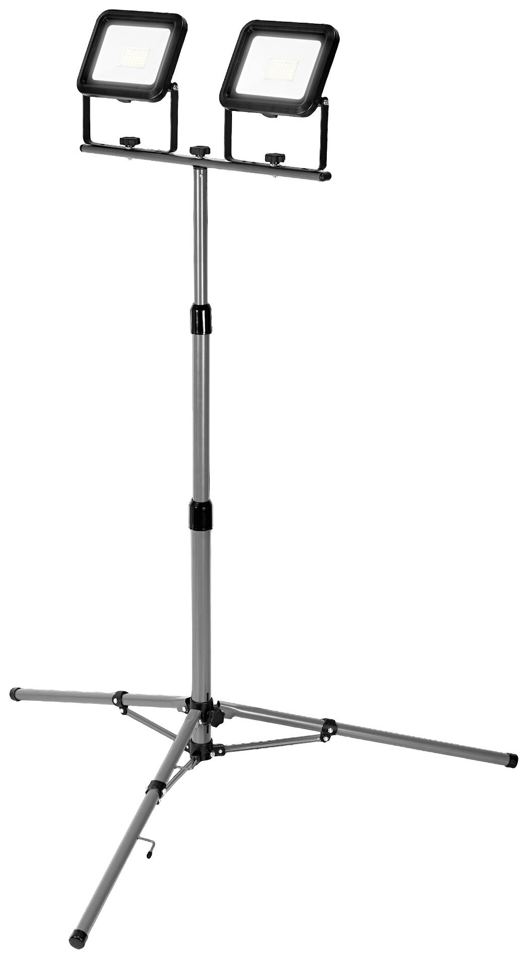 Ein Stativ mit zwei montierten LED-Flutlichtern, die auf unterschiedliche Höhen eingestellt werden können, geeignet für Baustellenbeleuchtung.