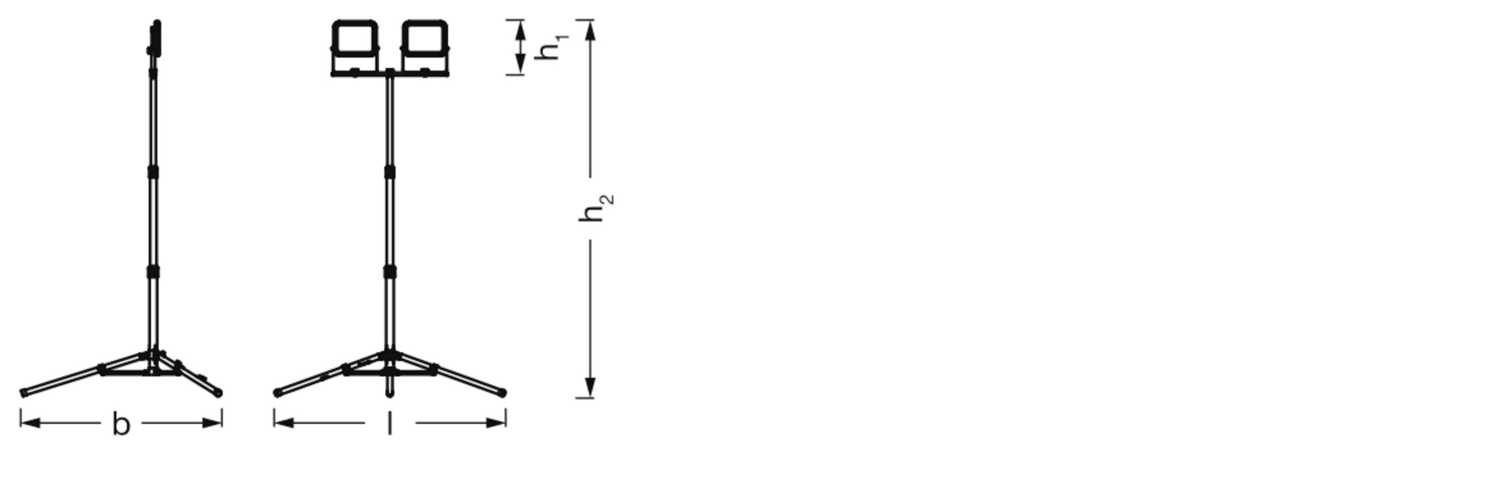 'Zwei Stativleuchten' Diagramm zeigt Maße: Breite (b), Höhe (h) und gesamte Höhe (h2) der Leuchten.