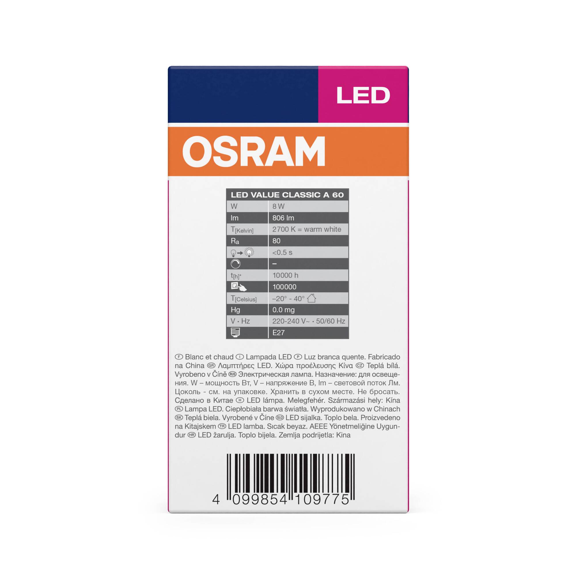Verpackung einer Osram LED-Lampe. Zeigt Spezifikationen: 8W, 806lm, 2700K, warme Farbe. E27-Sockel, Energieklasse F. Mehrsprachiger Text.