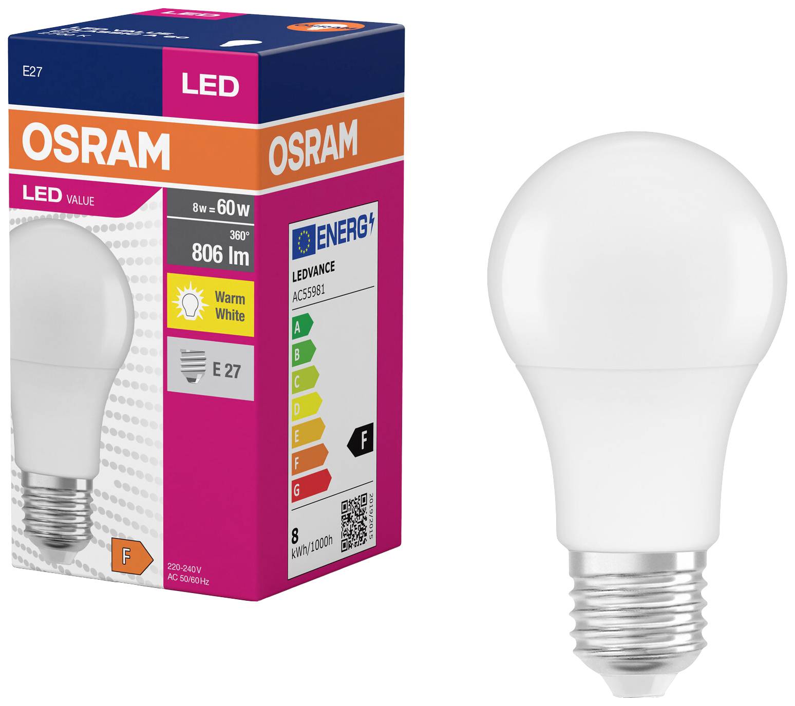 Eine OSRAM LED-Glühbirne neben der Verpackung. Die Verpackung zeigt 'LED', '806 lm', 'Warm White' und 'Energieklasse F'.