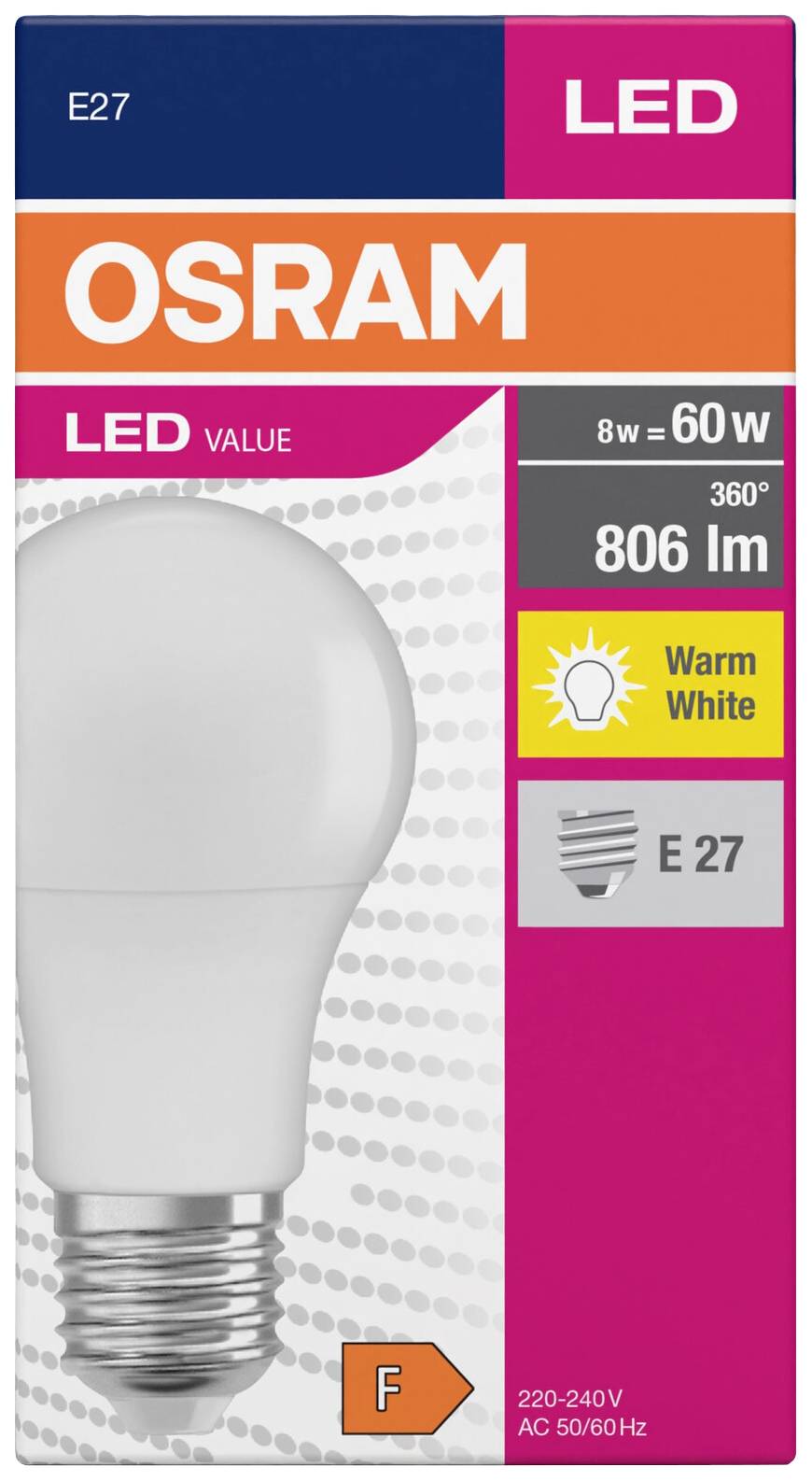 OSRAM HOMELIGHTING 4099854109775 LED EEK F (A - G) E27 Glühlampenform 8.5 W = 60 W Warmweiß (Ø x H) 60 mm x 60 mm 1 St.
