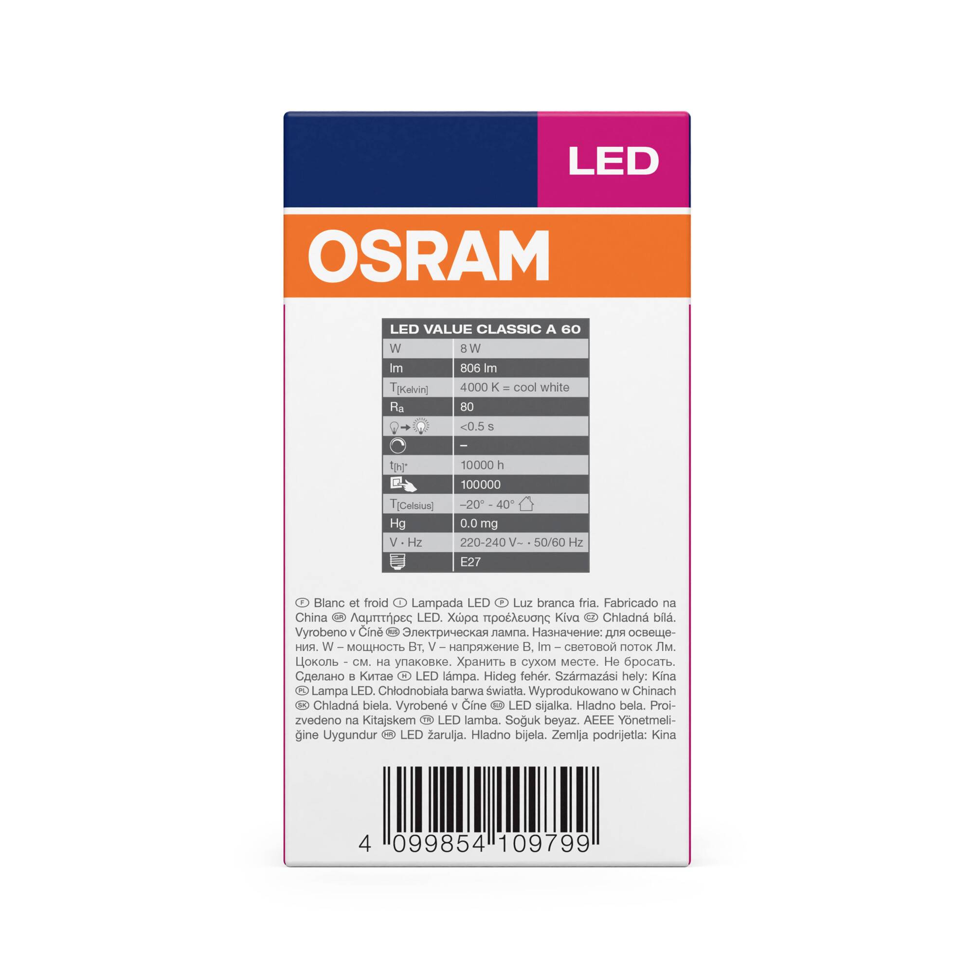 Osram LED Lampe, 9 W, 806 lm, kaltweiß, 4000 K, 10.000 h Lebensdauer, E27, energieeffizient, geeignet für Innenraumbeleuchtung.