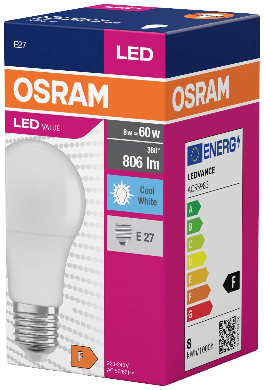 Verpackung einer LED-Glühbirne von Osram mit 806 Lumen, 8W entspricht 60W, E27-Sockel, kühles Weiß. Energieeffizienzklasse F.