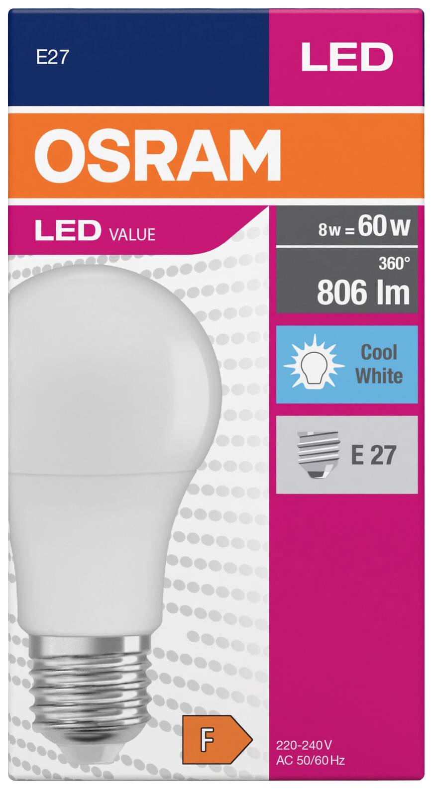 Eine Verpackung für eine OSRAM LED-Glühbirne. Spezifikationen: 8W (entspricht 60W), 806 Lumen, E27-Sockel, kaltweißes Licht, Energieeffizienzklasse F.