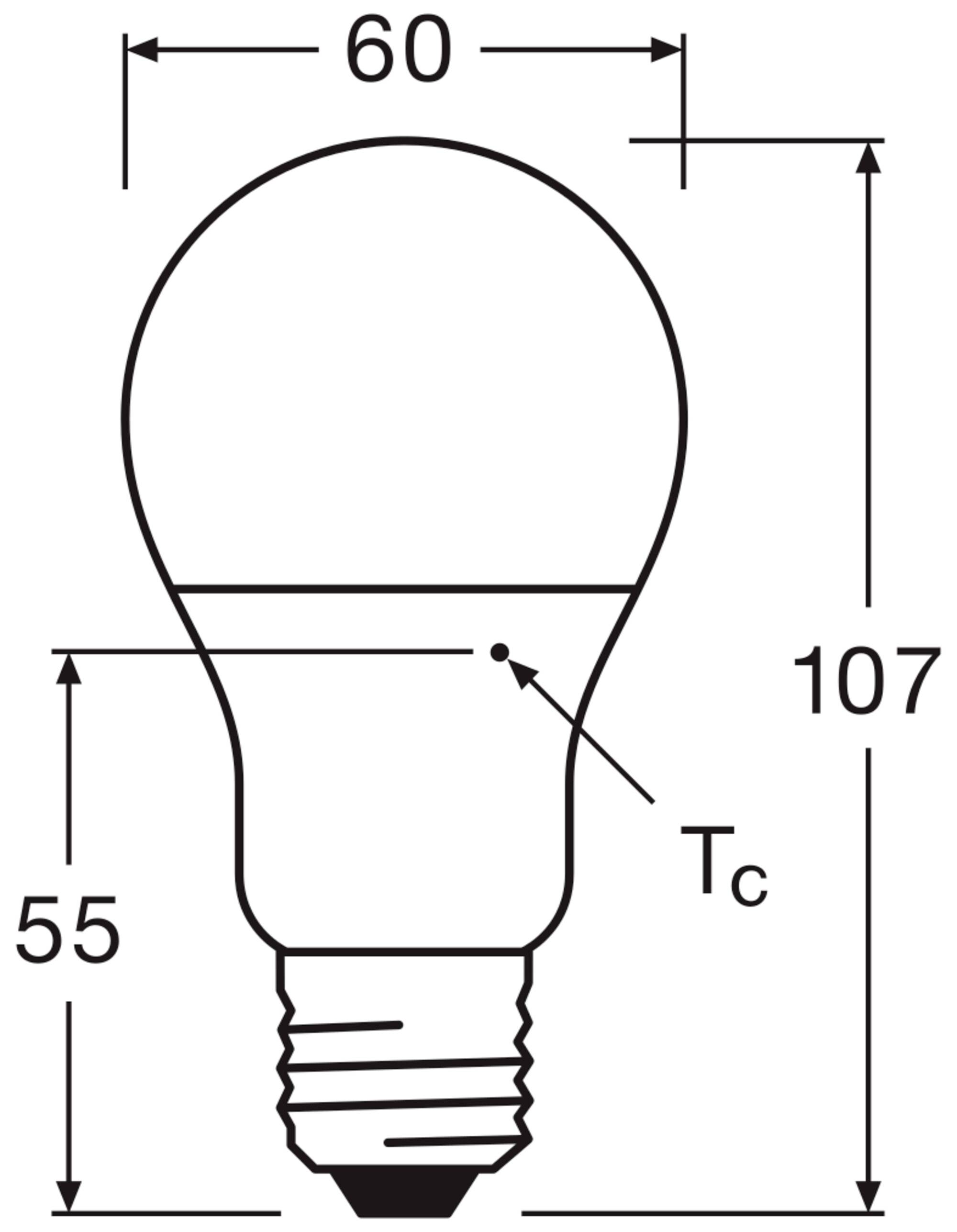 Einfache technische Zeichnung einer Glühbirne mit Maßen: Gesamthöhe 107 mm, maximaler Durchmesser 60 mm, Markierungspunkt Tc.