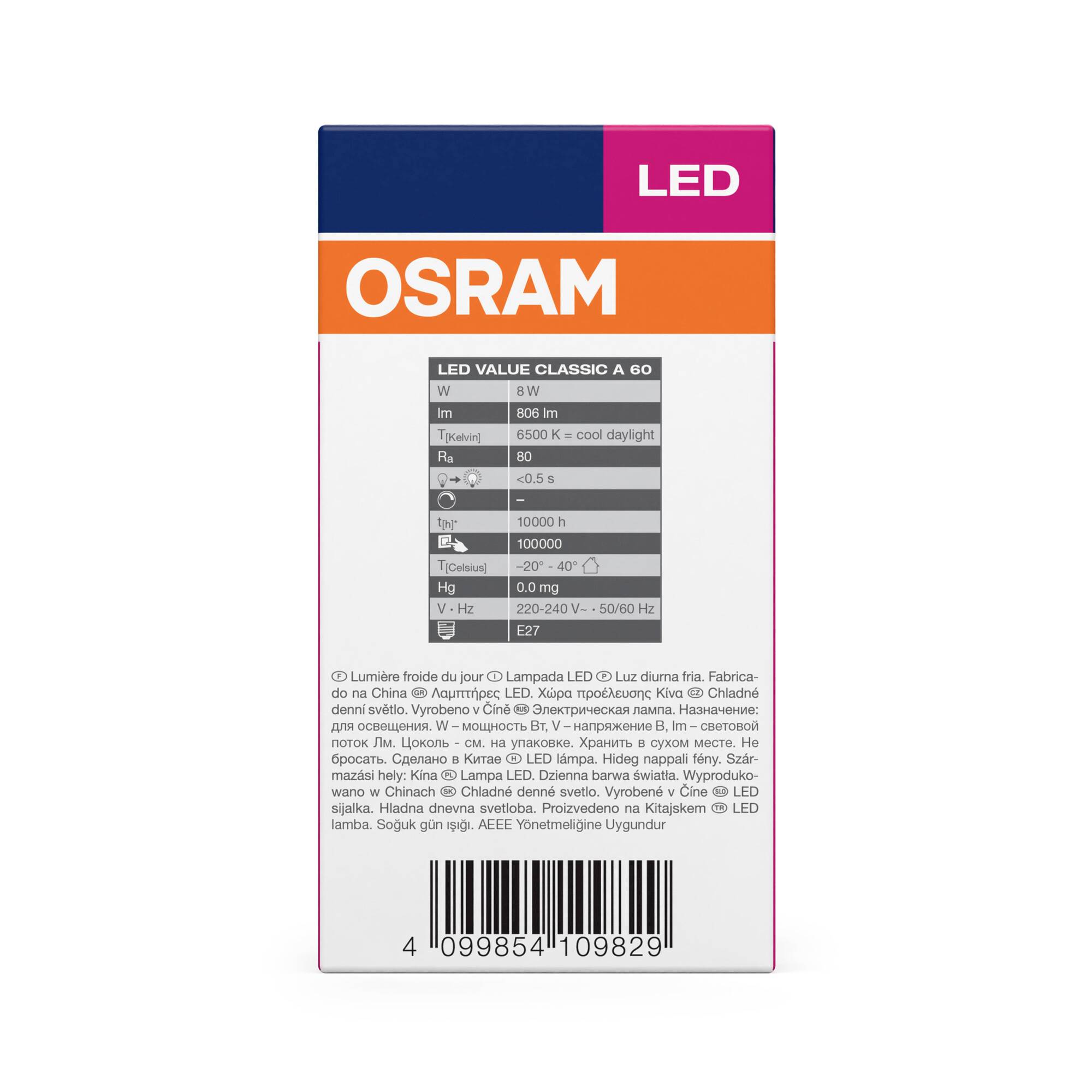 Die Verpackung zeigt eine OSRAM LED-Lampe, 806 lm, 60 W, kaltweiß, Energieklasse E. Text in mehreren Sprachen zur Produktbeschreibung.