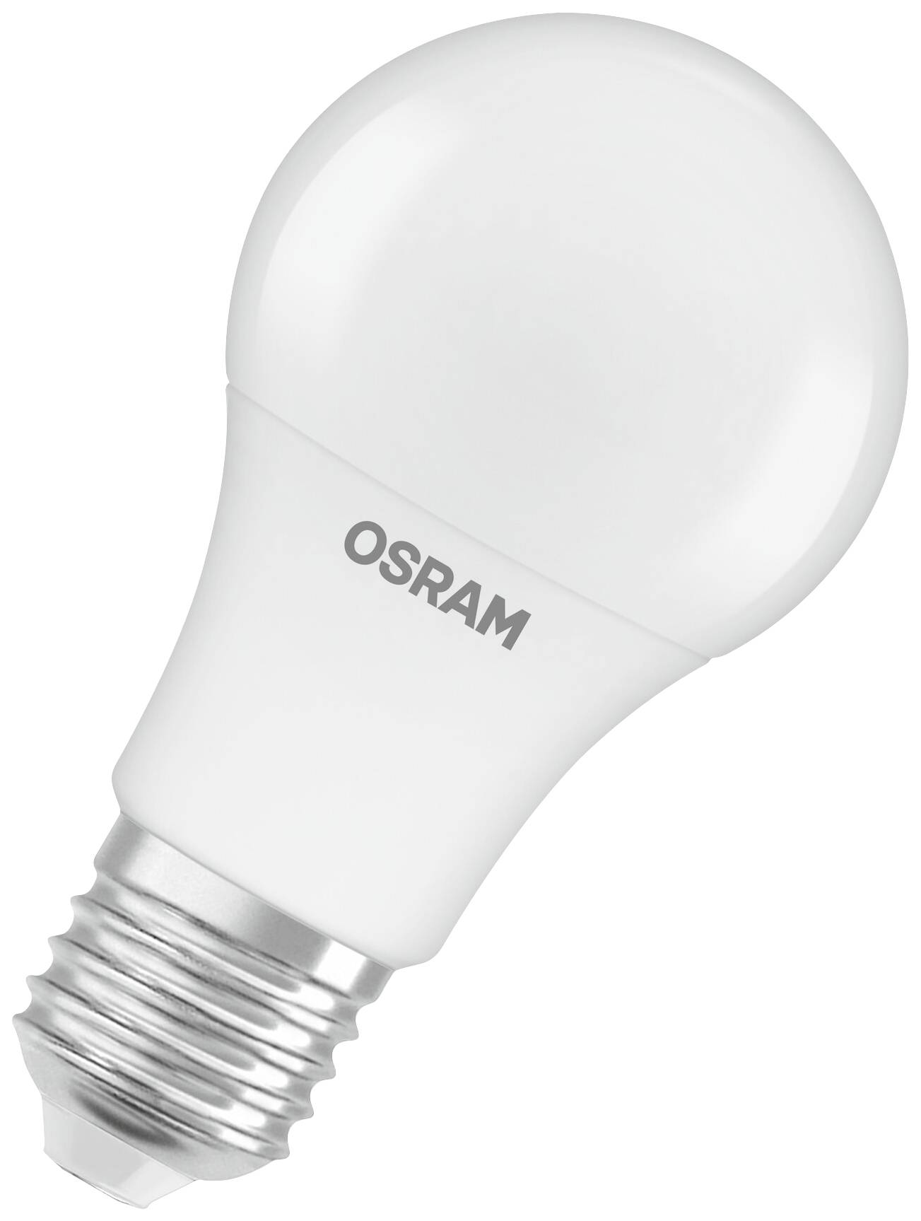 Eine weiße LED-Glühbirne der Marke OSRAM mit E27-Schraubfassung.