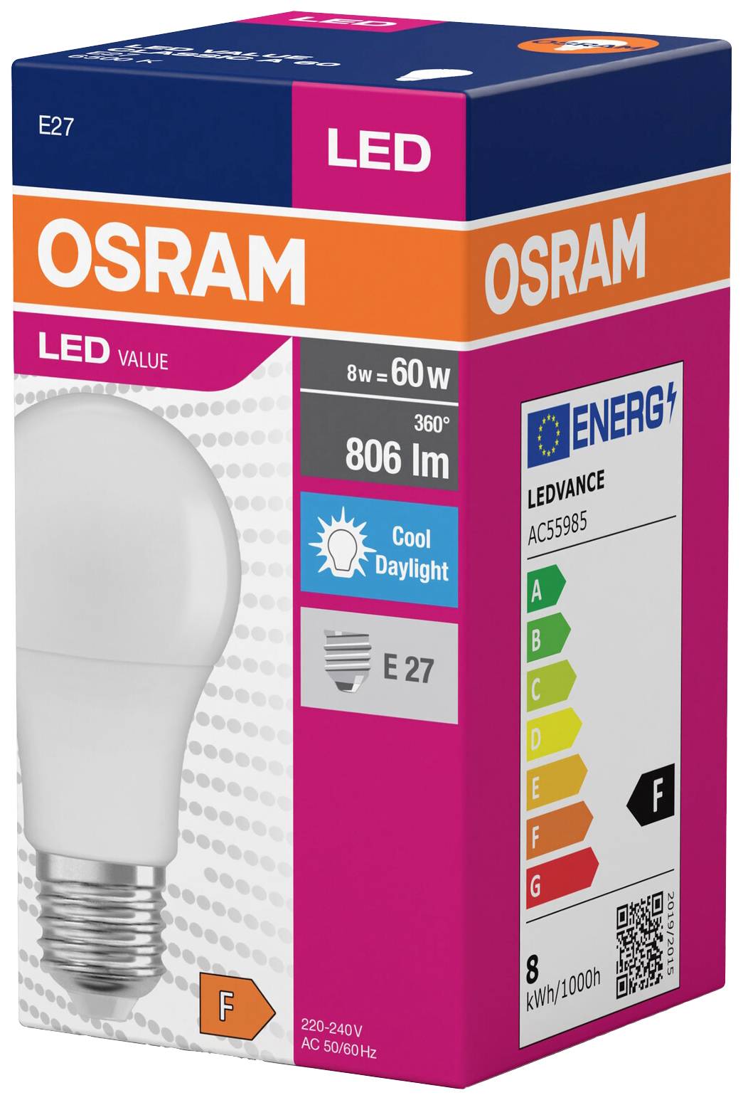 LED-Glühlampe von Osram in Verpackung, 8W = 60W, 806 Lumen, E27-Fassung, Energieeffizienz F, Cool Daylight, Leistung 8 kWh/1000h.