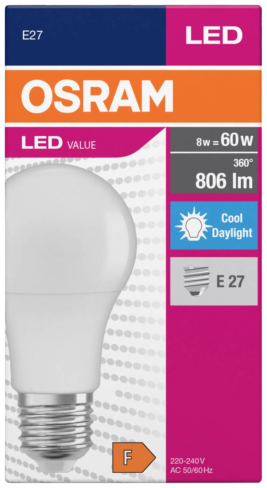 Eine LED-Glühbirne der Marke OSRAM für E27-Fassung, 8W als Ersatz für 60W, 806 Lumen, Energiesparlabel F, 220-240V, 50/60Hz.