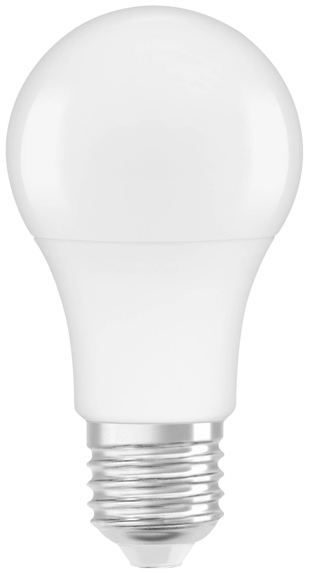 Eine moderne, weiße LED-Glühbirne mit einem silbernen Schraubsockel, isoliert auf einem weißen Hintergrund.