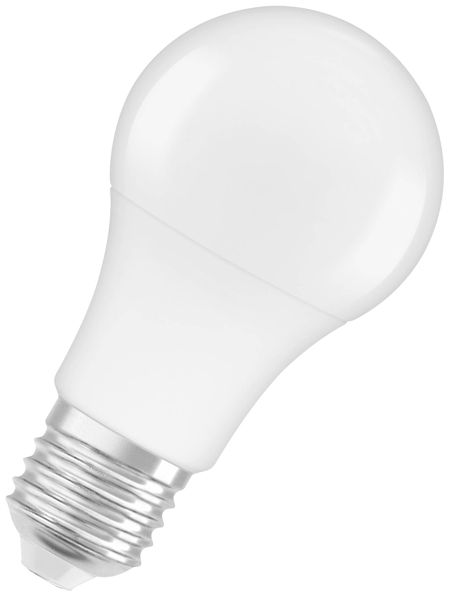 Eine weiße LED-Glühbirne mit einem E27-Sockel, vor weißem Hintergrund, zeigt ein modernes, energiesparendes Design.