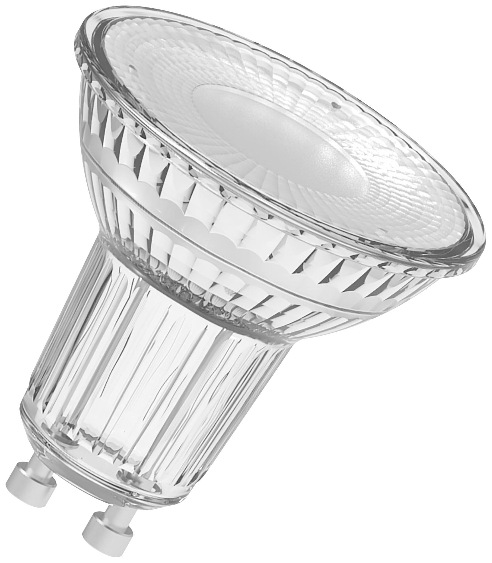 Eine LED-Spotlampe mit Glasgehäuse und GU10-Sockel, seitlich abgebildet. Sie zeigt ein prismatisches Muster und ist transparent.
