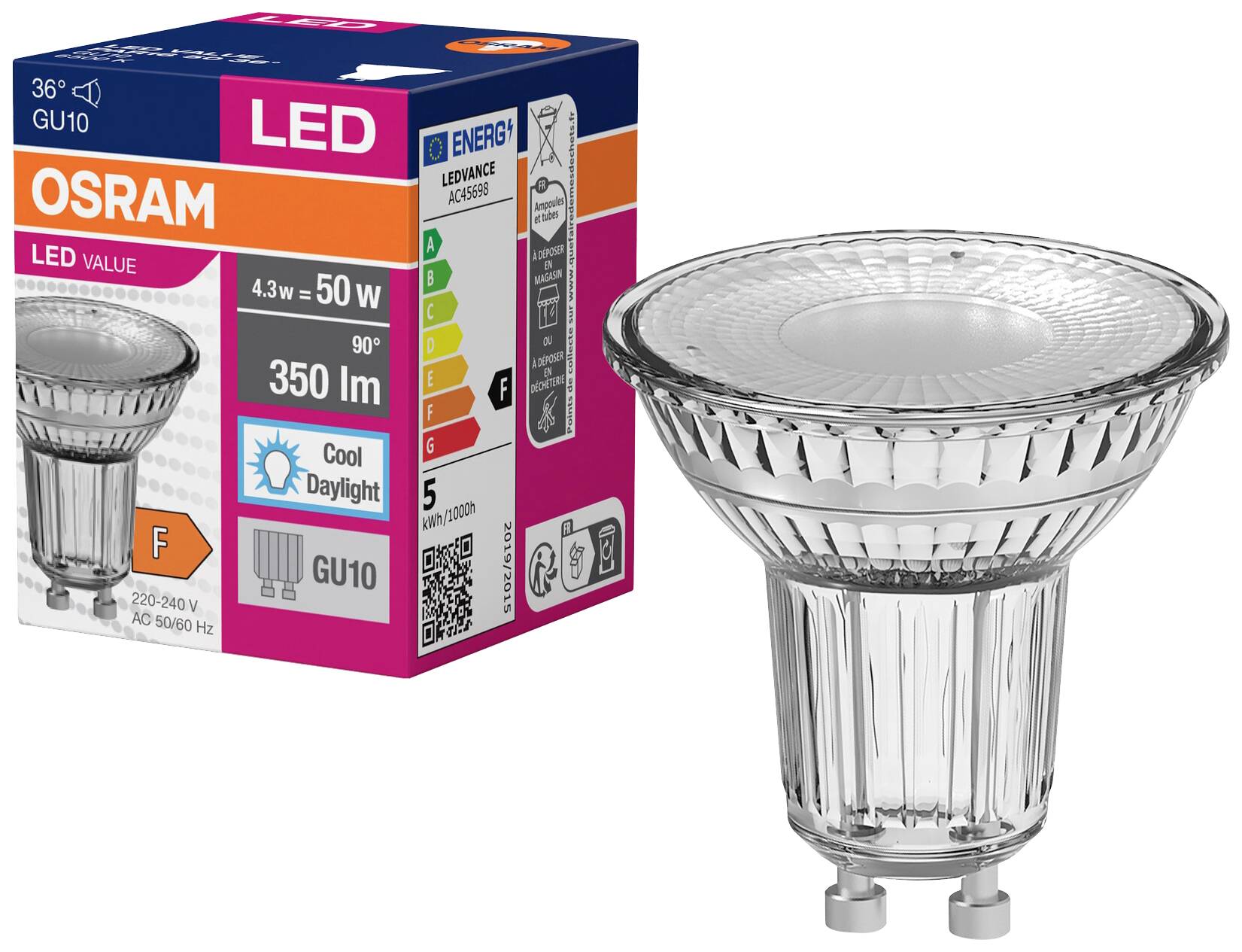 LED-Glühbirne der Marke OSRAM. Modell GU10, 4,3 W entspricht 50 W, 350 Lumen, 90° Abstrahlwinkel, Energieeffizienzklasse F.