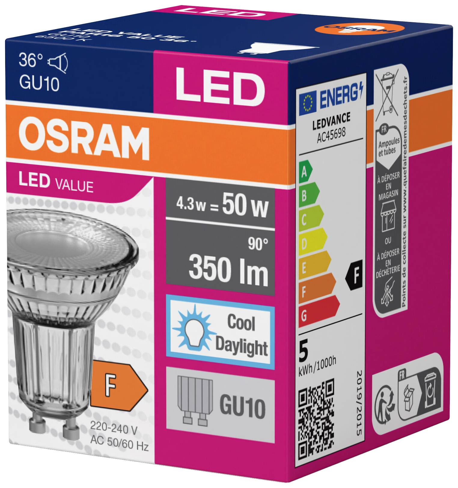 Eine OSRAM LED-Glühbirnenverpackung, 4,3W, 350 Lumen, Energieklasse F. Enthält EEK-Skala, 36° Abstrahlwinkel, GU10-Sockel und 'Cool Daylight'-Hinweis.