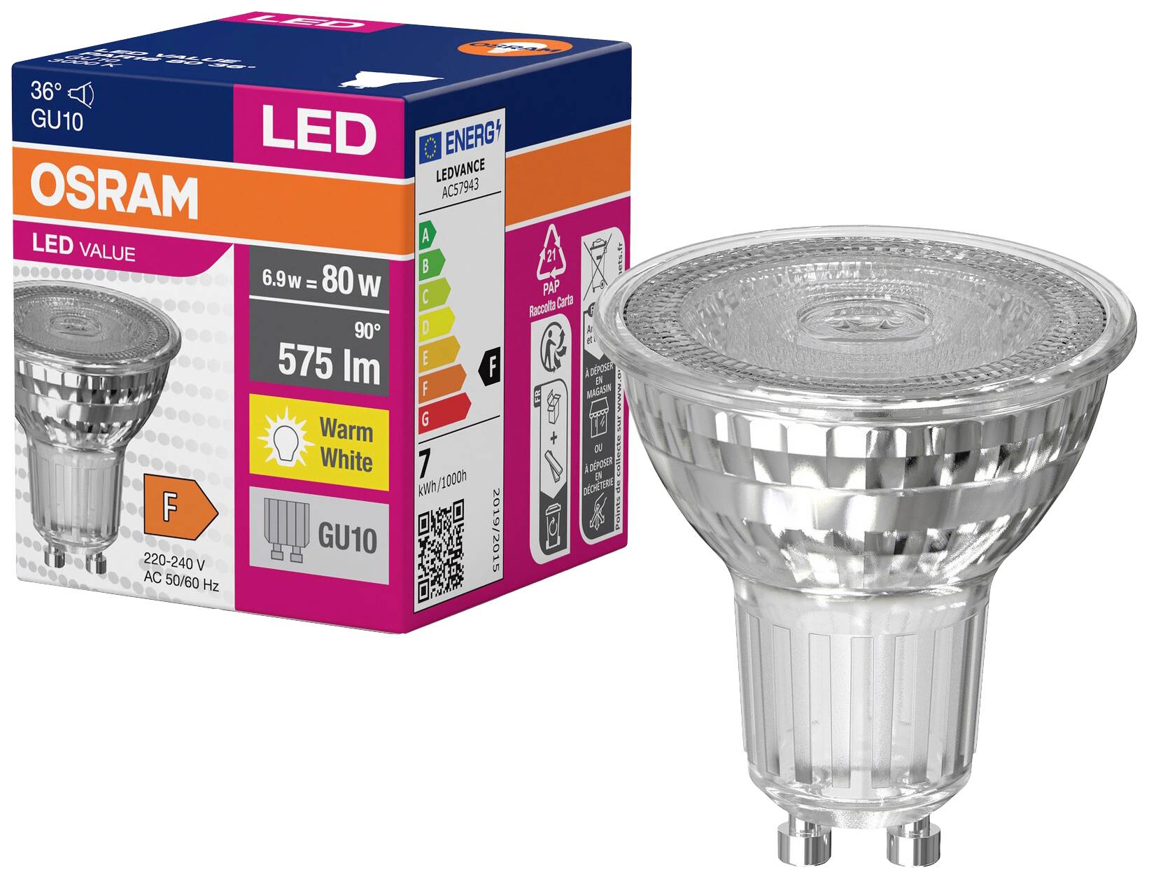 LED-Glühbirne GU10 von Osram, 6,9 W entspricht 80 W, 575 lm, warmweiß, Energieeffizienzklasse F. Verpackung zeigt EU-Energielabel.