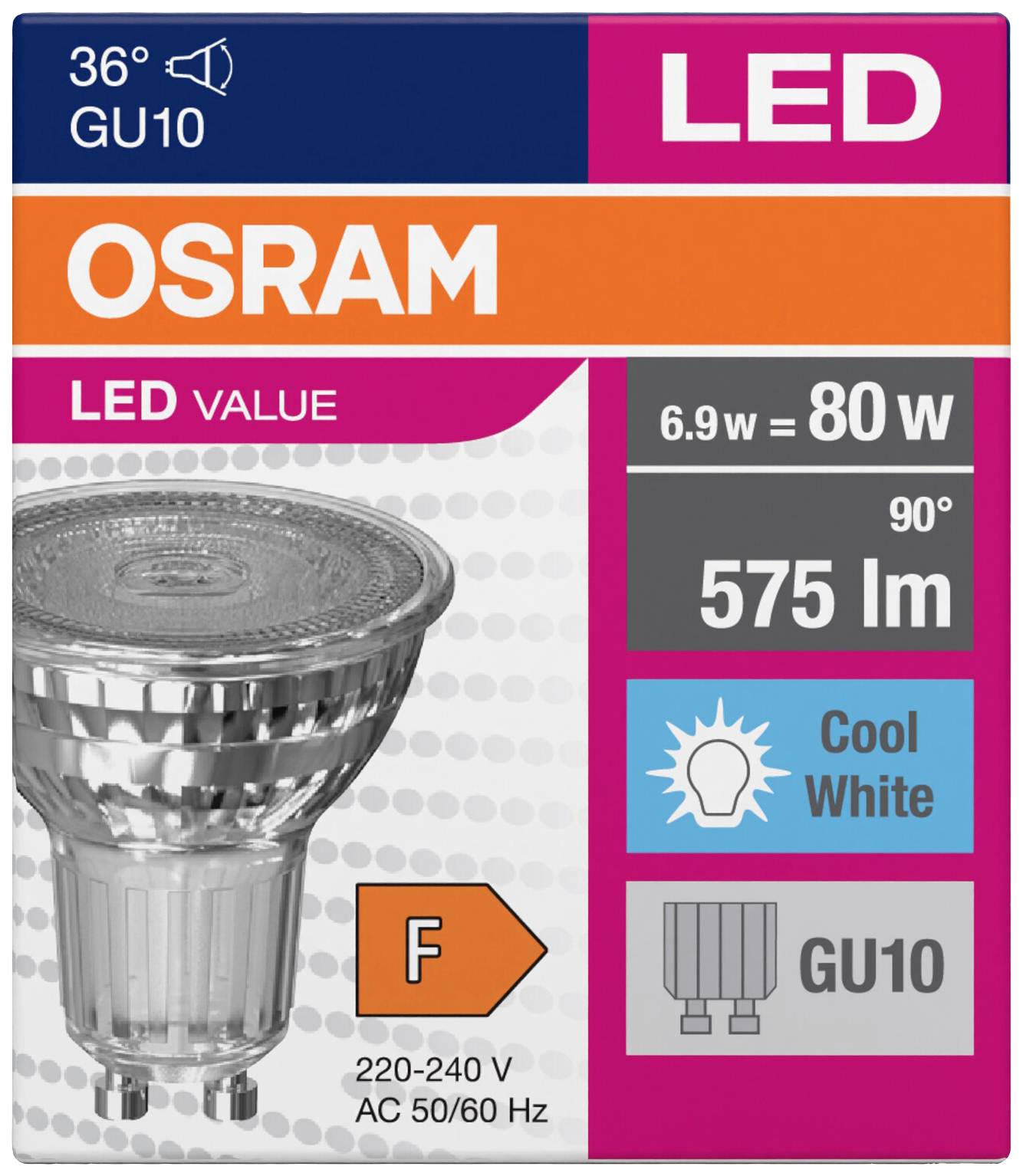 OSRAM LED 36º GU10, 6.9W entspricht 80W, 575 lm, 90º Abstrahlwinkel, Cool White, Energieklasse F, 220-240V AC, 50/60 Hz.