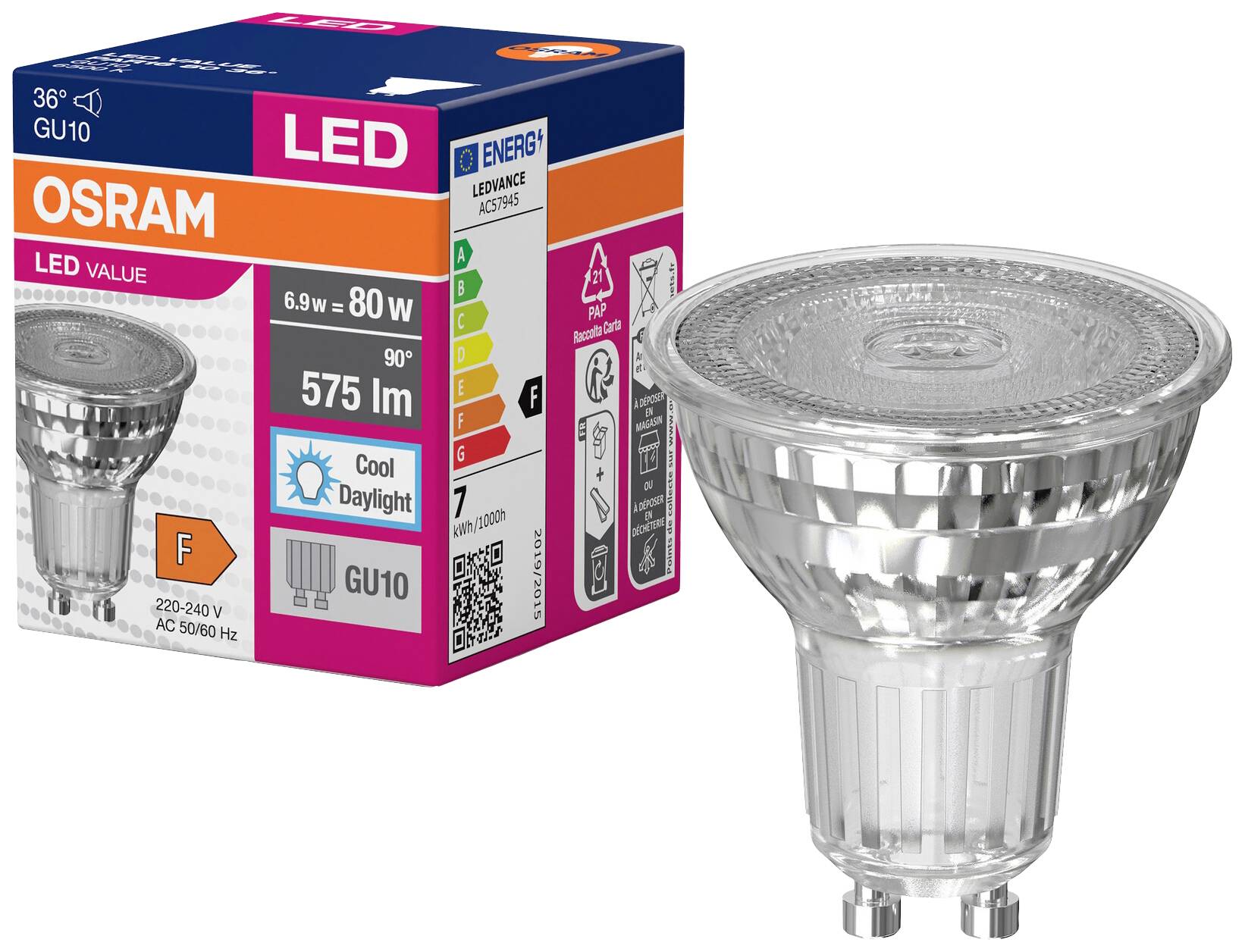 LED-Glühbirne von Osram, 575 Lumen, 6,9W, Daylight 6500K. Energieklasse F, GU10-Sockel, abgebildet neben der Verpackung.