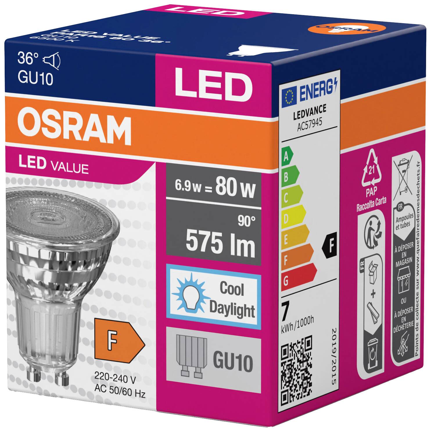 LED-Glühbirnenverpackung von Osram, Energieklasse F, Stromverbrauch 7 kWh/1000h, 36° GU10, 6,9W = 80W, 575 Lumen, 'Cool Daylight'.