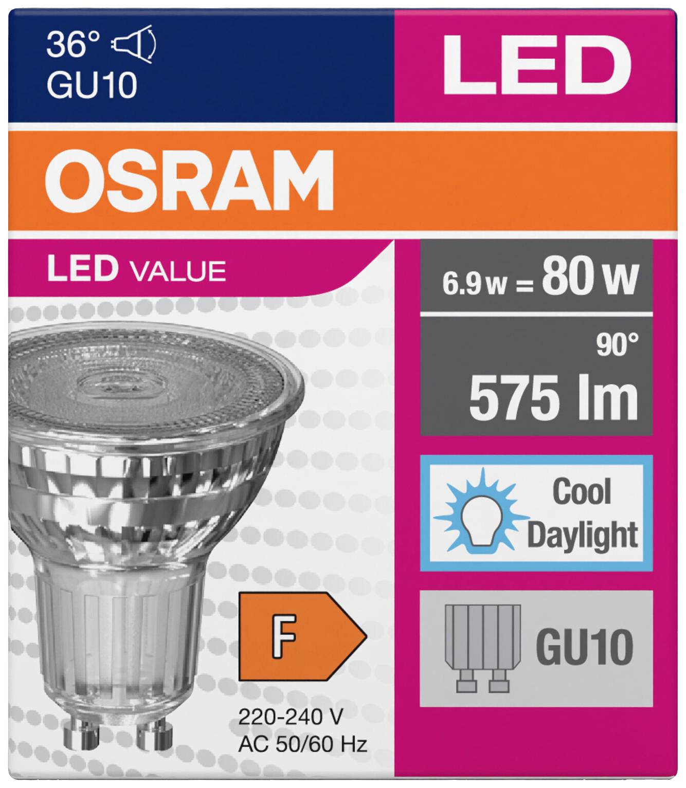 LED-Glühlampe OSRAM, 36° GU10, 6.9W entspricht 80W, 575 lm, 90°, Lichtfarbe: Cool Daylight, Energieeffizienzklasse: F, Spannung: 220-240 V AC 50/60 Hz.
