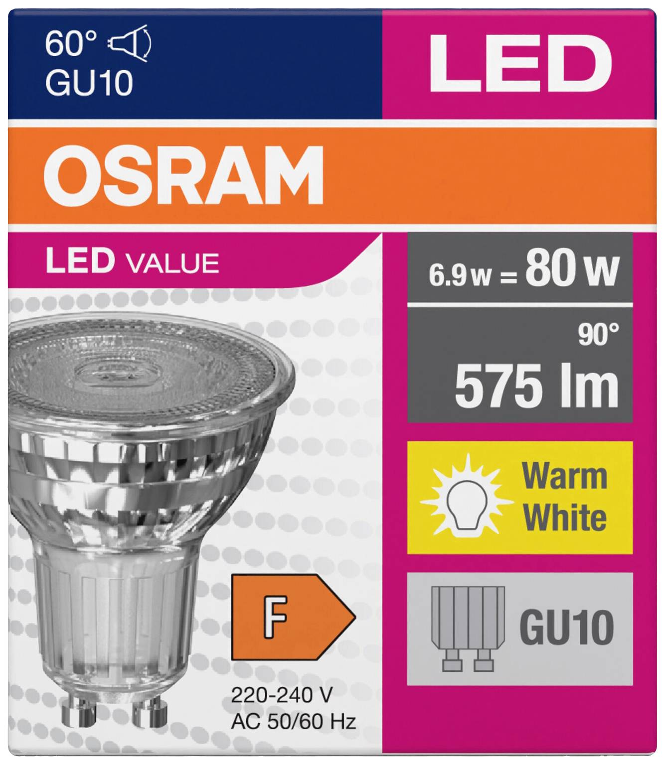OSRAM HOMELIGHTING 4058075096769 LED EEK F (A - G) GU10 Reflektor 6.9 W = 80 W Warmweiß (Ø x H) 50 mm x 50 mm 1 St.