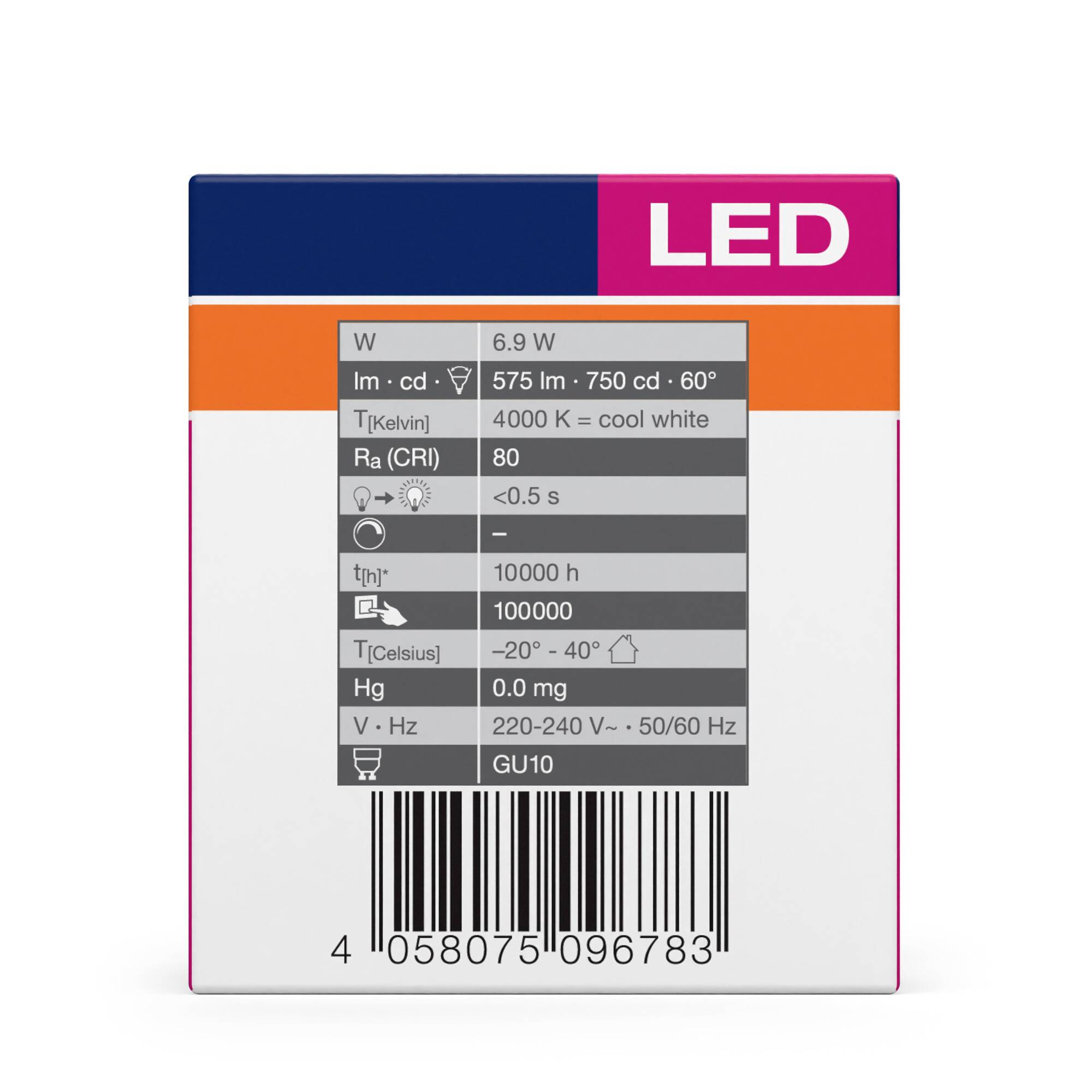 LED-Lampe Verpackung: 6.9 W, 575 lm, 4000 K, CRI 80, 750 cd, Abstrahlwinkel 60°, GU10, 100000 Schaltzyklen, 220-240V, 50/60Hz.