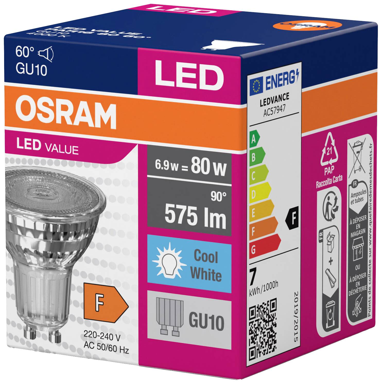 'OSRAM LED GU10, 60°, 6.9W ersetzt 80W, 575lm, Cool White, Energieklasse F, 7 kWh/1000h, 220-240V, AC 50/60 Hz' Verpackung.