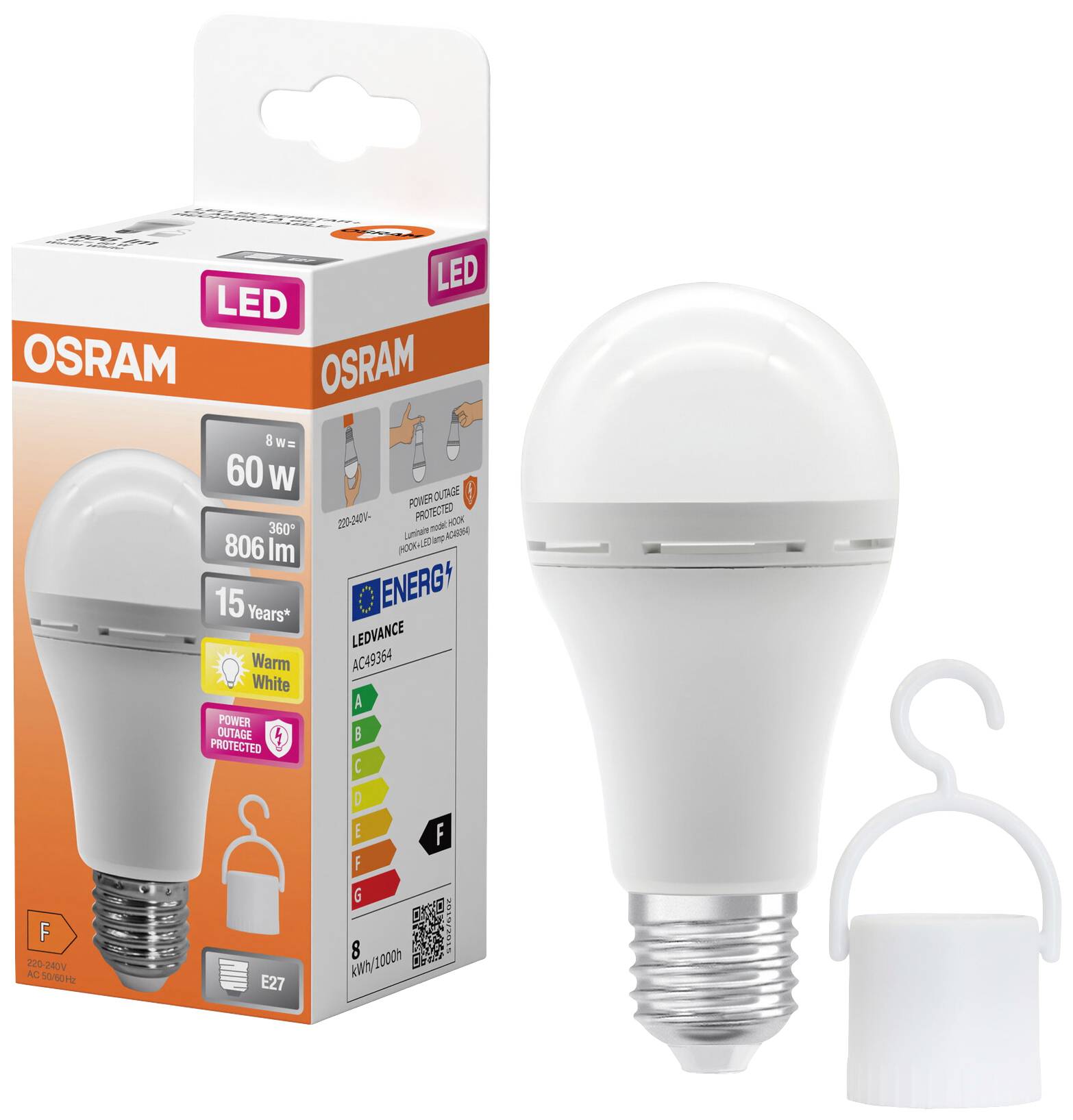 LED-Glühbirne von Osram mit Fassung E27, 806 Lumen, warmweiß. Auf der Verpackung sind Energieeffizienzdetails und die Einsatzdauer von 15 Jahren angegeben.