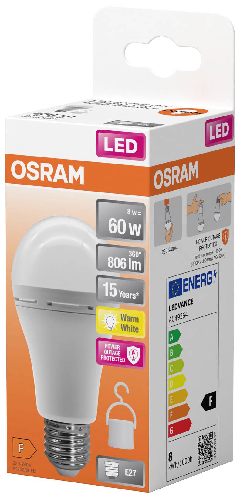 OSRAM LED-Lampe Verpackung: 8W, 806 lm, warmweiß, E27. Energieeffizienz F. Hält bis zu 15 Jahre. Geeignet für Außenanwendungen.