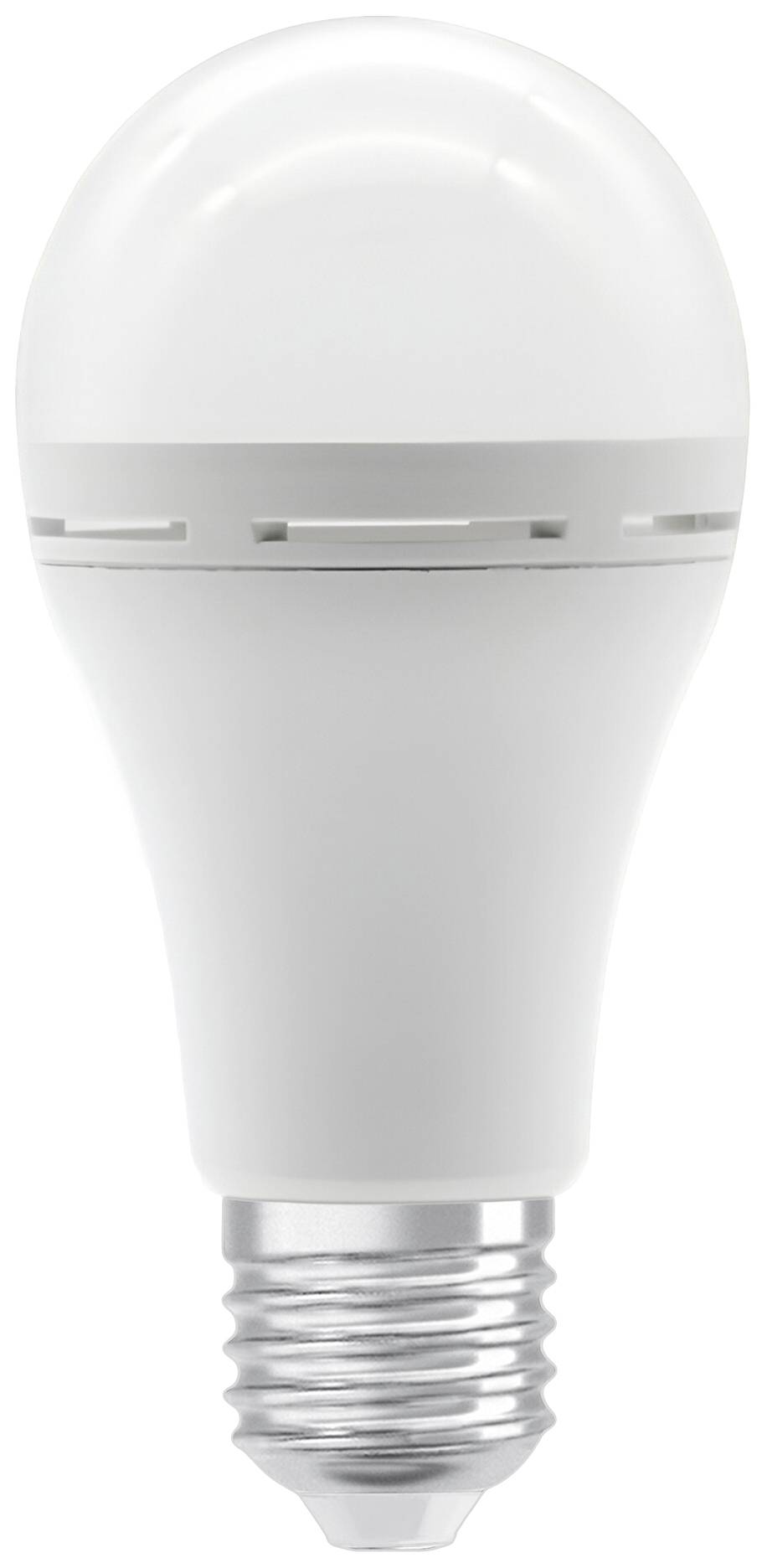 Weiße LED-Glühbirne mit E27-Sockel, geeignet für energiesparende Beleuchtung.