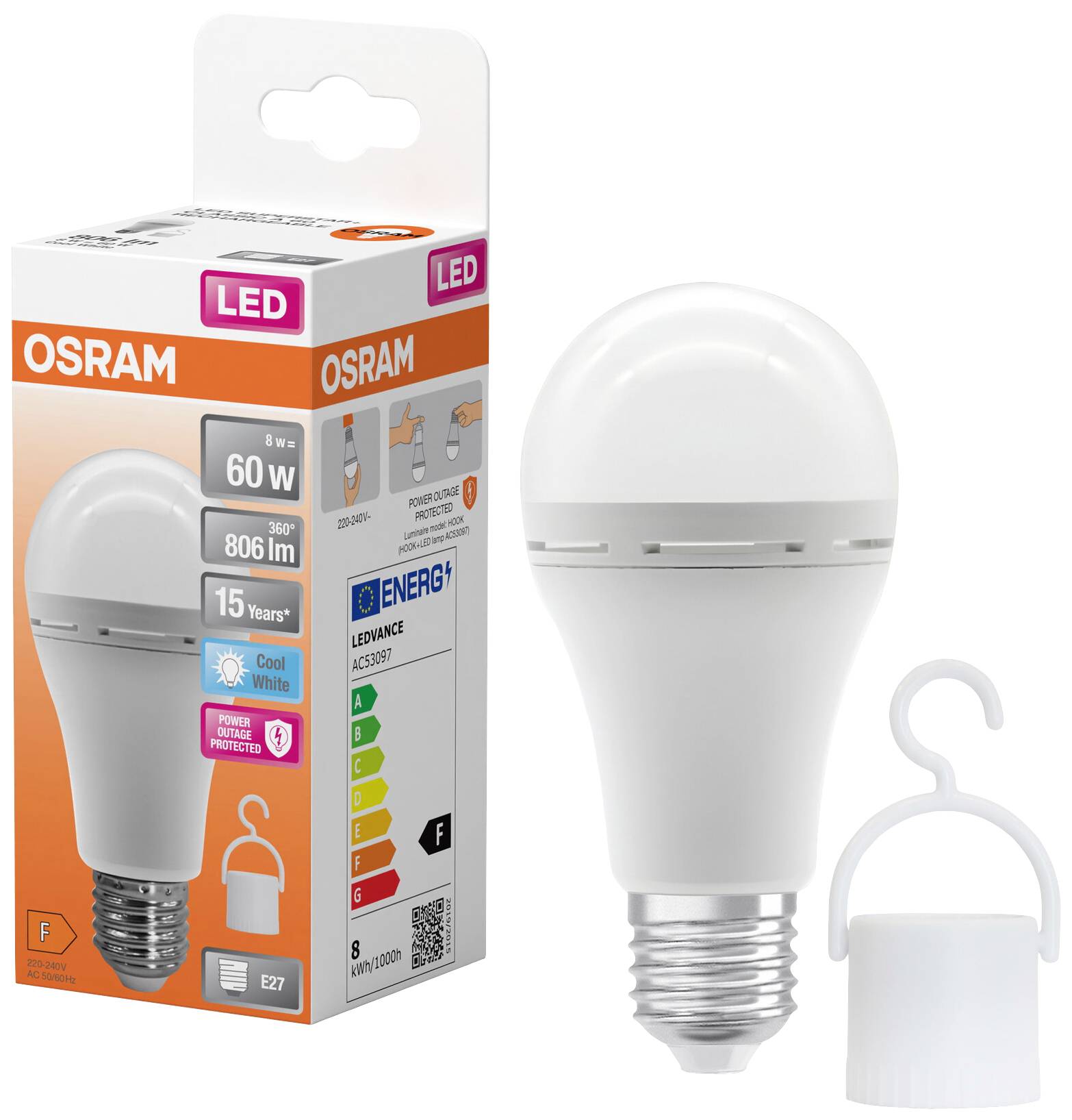 Eine LED-Glühbirne von Osram mit Verpackung. 60W, 806 lm, 15 Jahre Lebensdauer. Energieklasse F, kaltweißes Licht. E27-Fassung.