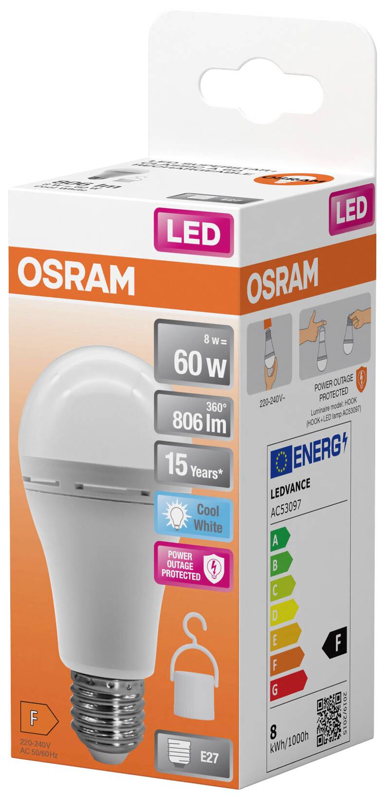 LED-Glühbirne-Verpackung von OSRAM, 8W ersetzt 60W, 806 Lumen, kaltweiß, Energieklasse F, 15 Jahre Lebensdauer, E27-Sockel.